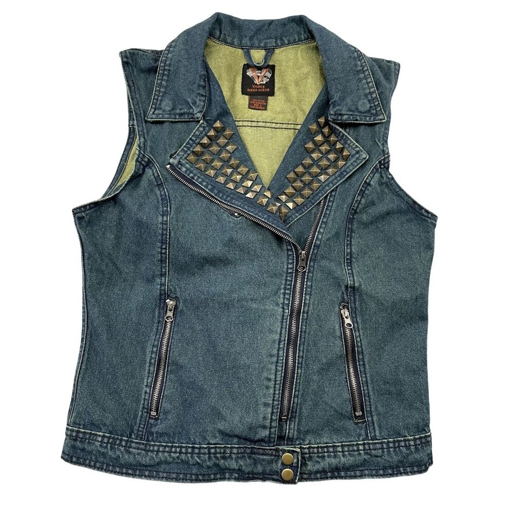 Vance Biker Wear Studded Vest Womens Large Blue Jean Denim Punk Rock